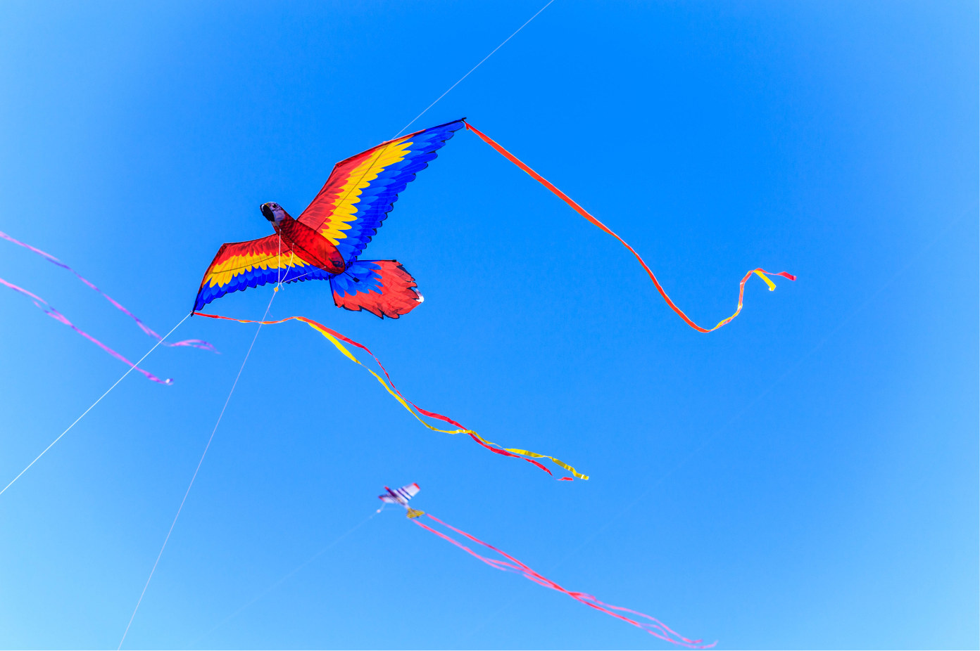 Multi-colored kite against blue sky.